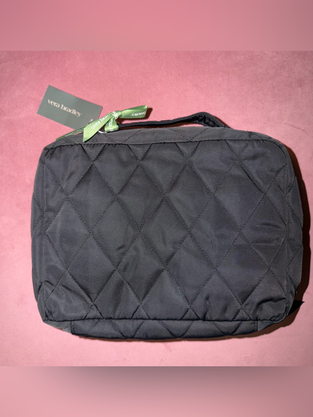 Vera Bradley Black Quilted Travel Pouch with Green Ribbon Pull